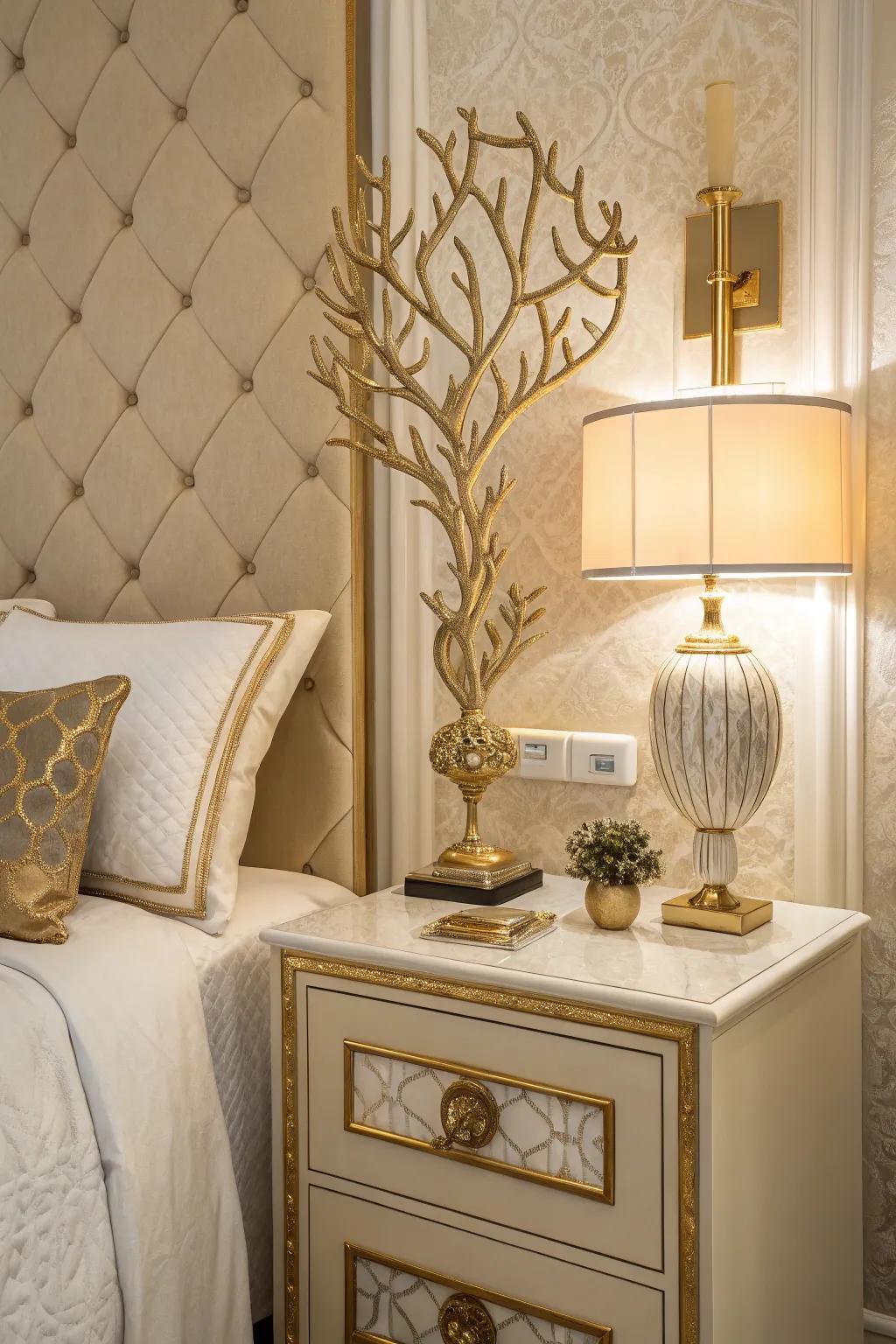 Gold sculptures add an artistic and personalized touch to the decor.