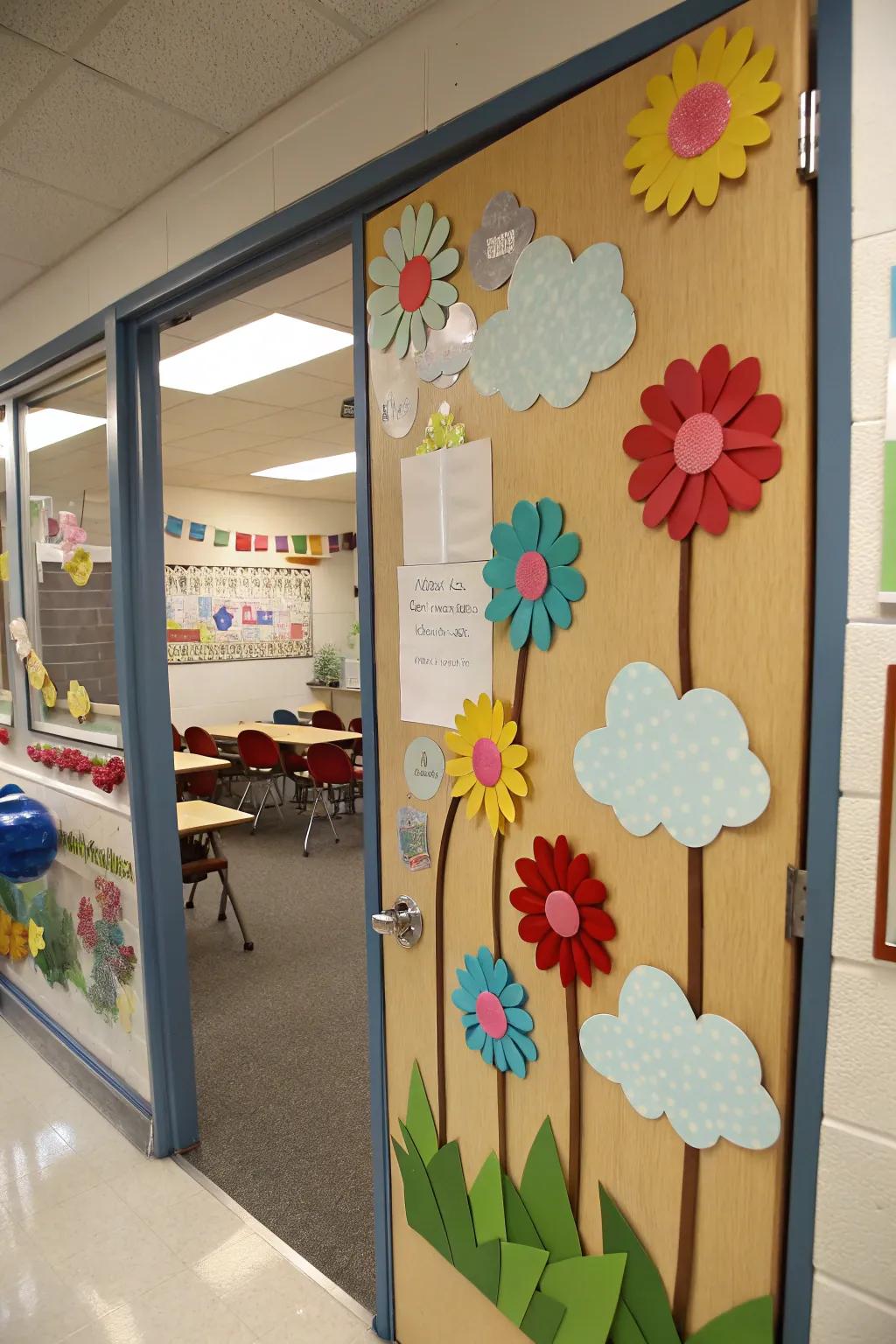 A garden of dreams blossoms on this classroom door, inspiring students to reach for the sky.