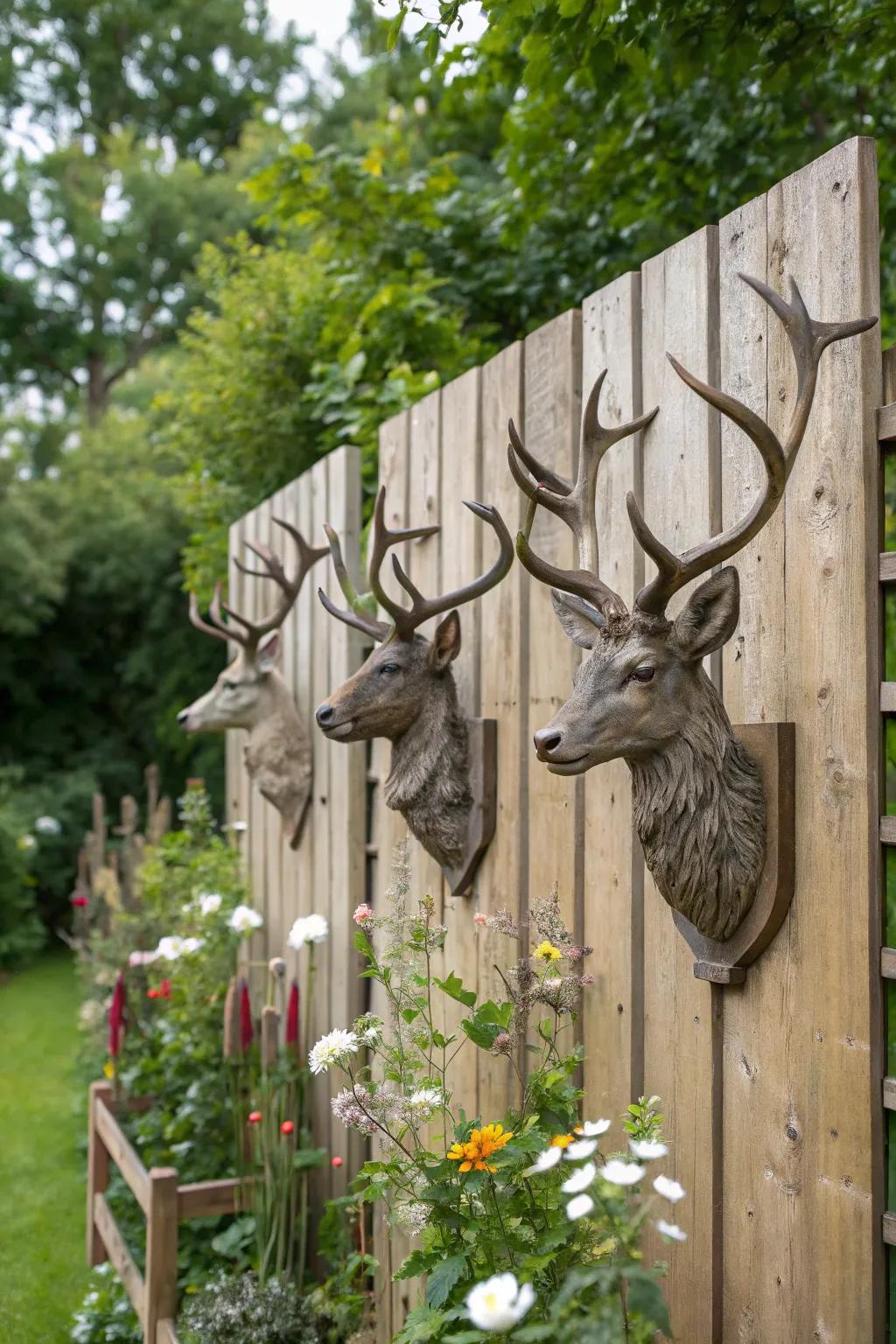 A fencing board backdrop offers a cohesive display for multiple mounts.