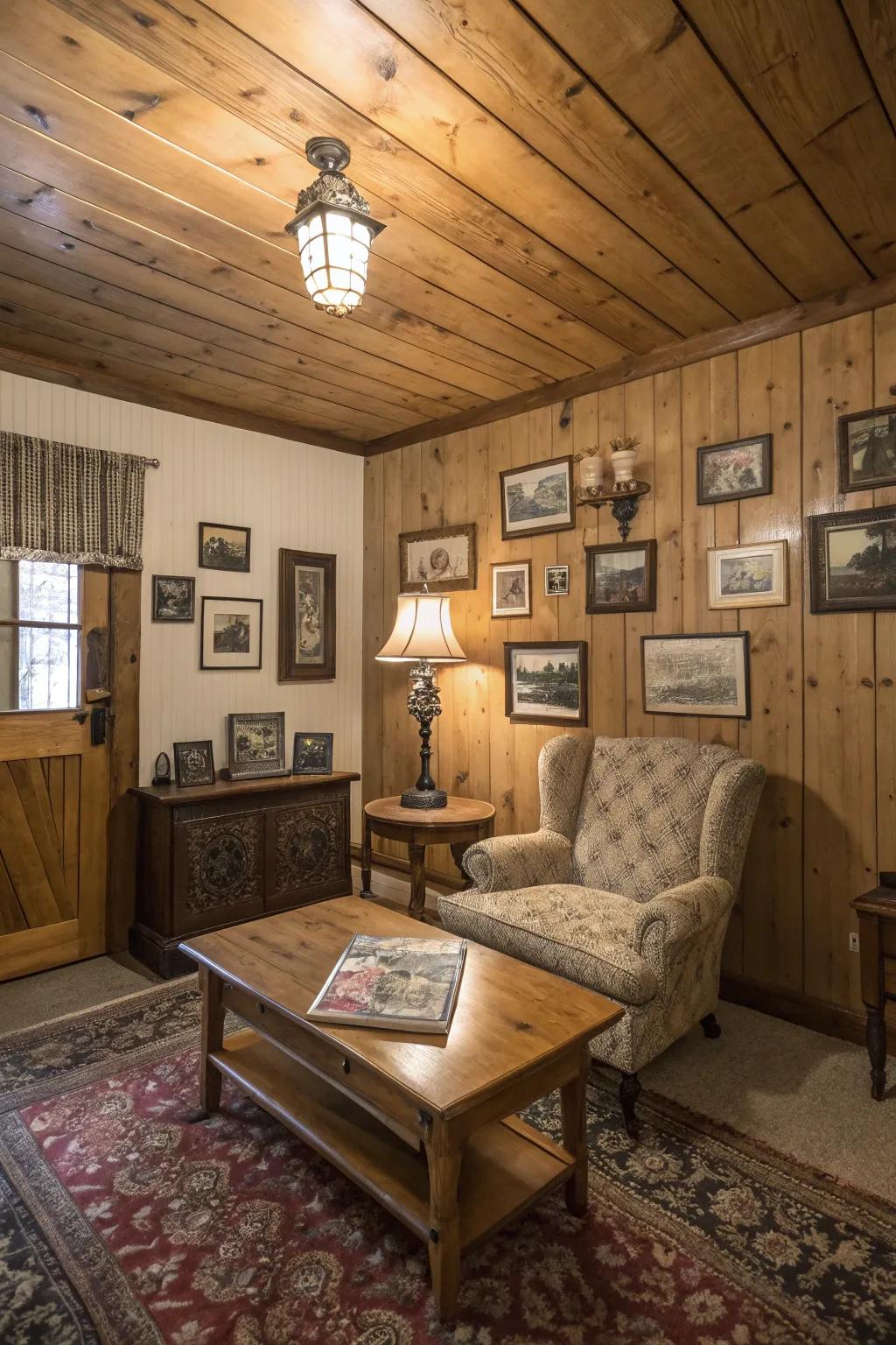 A vintage-style room where knotty pine ceilings complement antique decor.