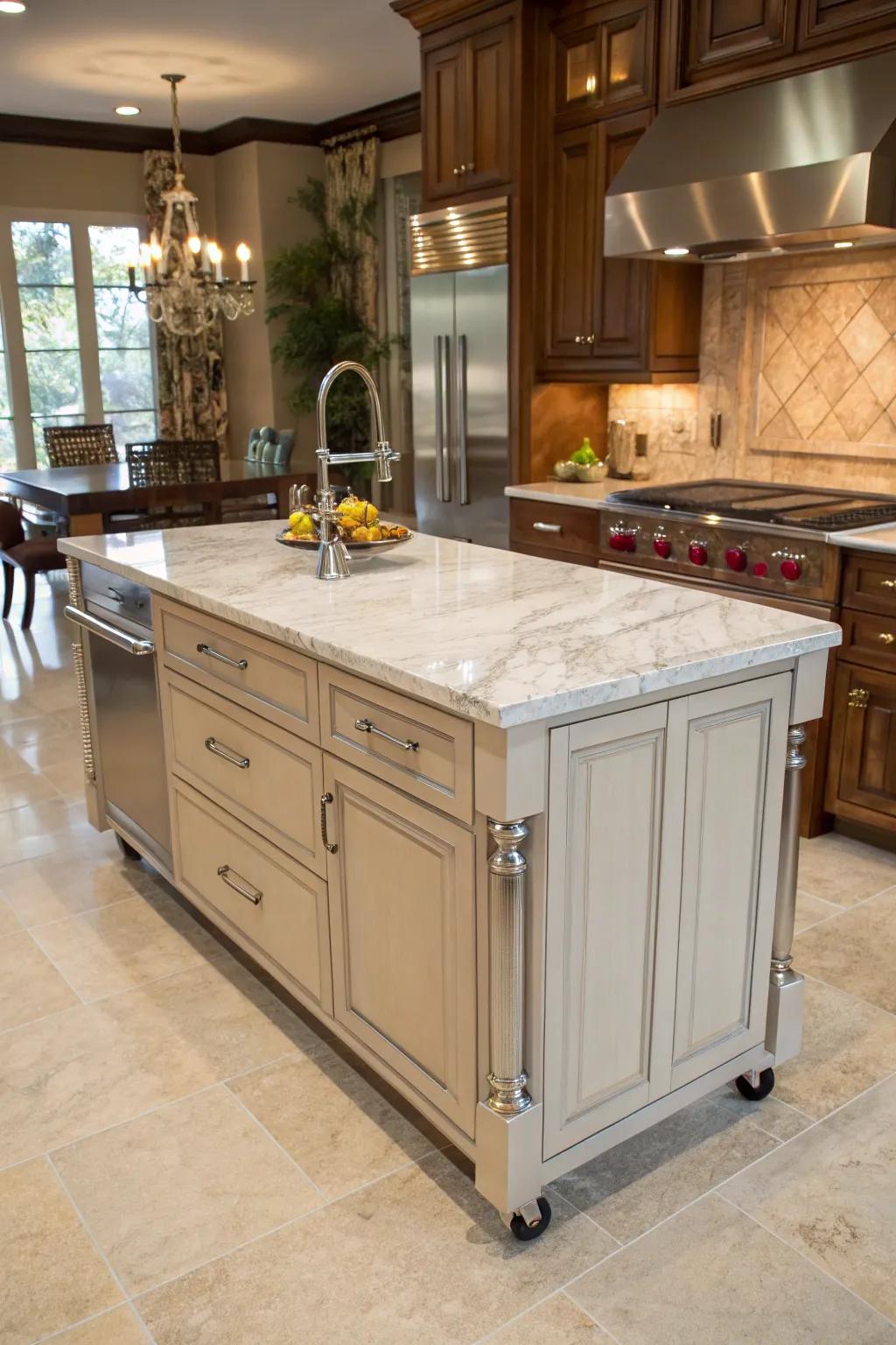 A kitchen island with a beautiful marble top