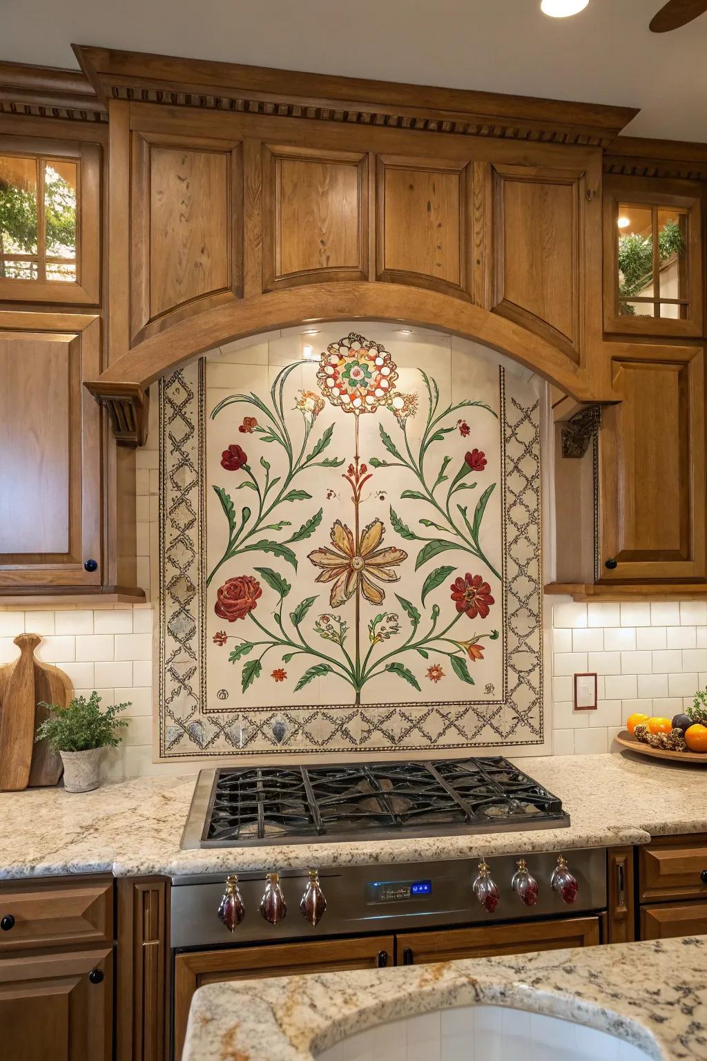 A unique backsplash acts as an artistic focal point in the kitchen.