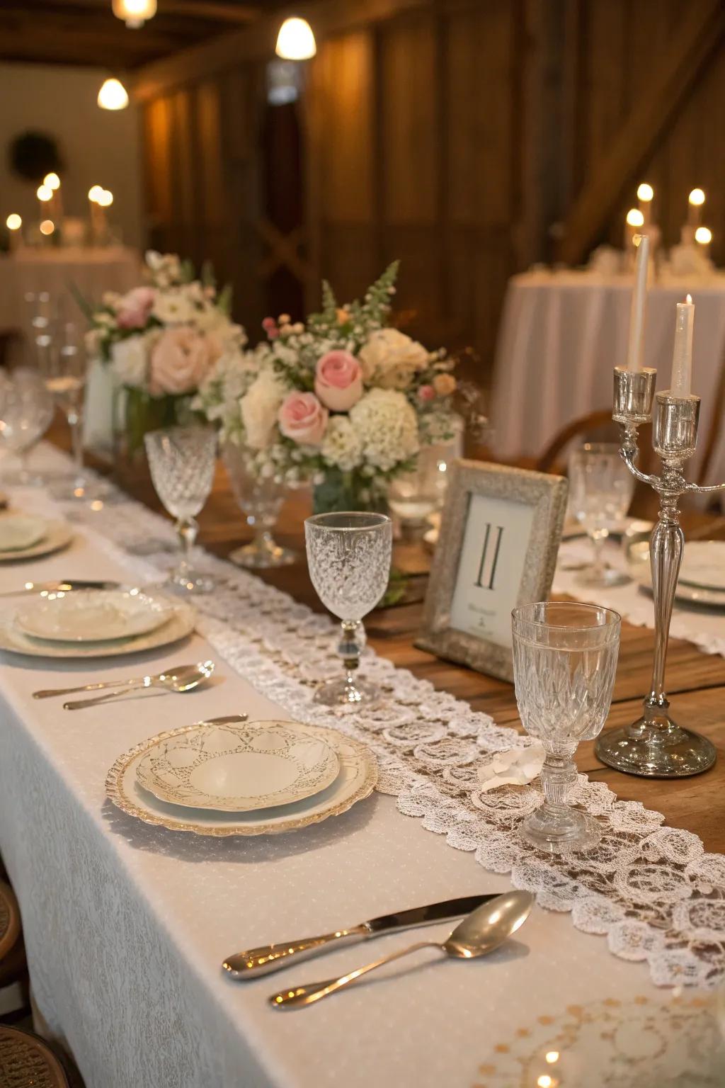 Lace infuses vintage allure and elegance onto your prom tables.