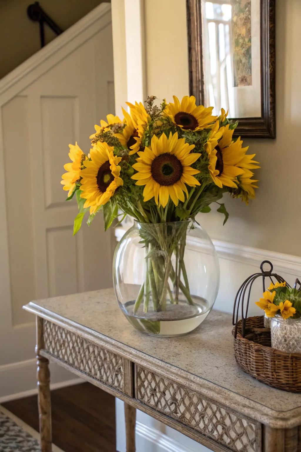 A clear glass bowl offers a modern twist to sunflower arrangements.