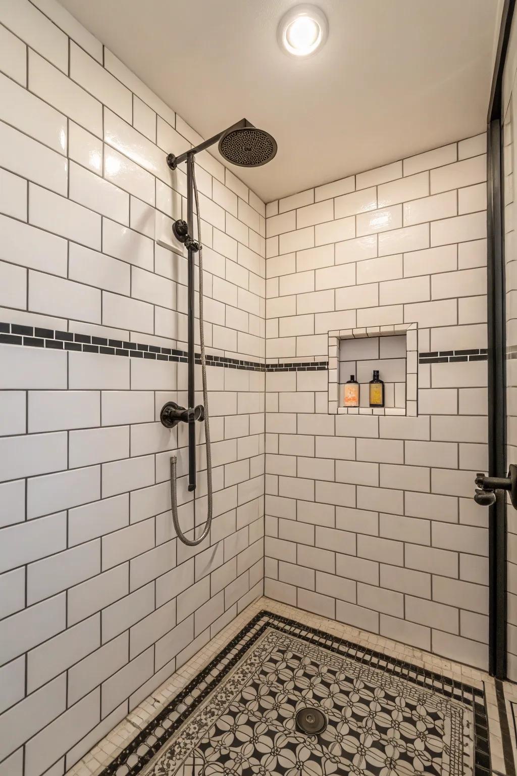 Black and white tiles create a chic, timeless shower design.