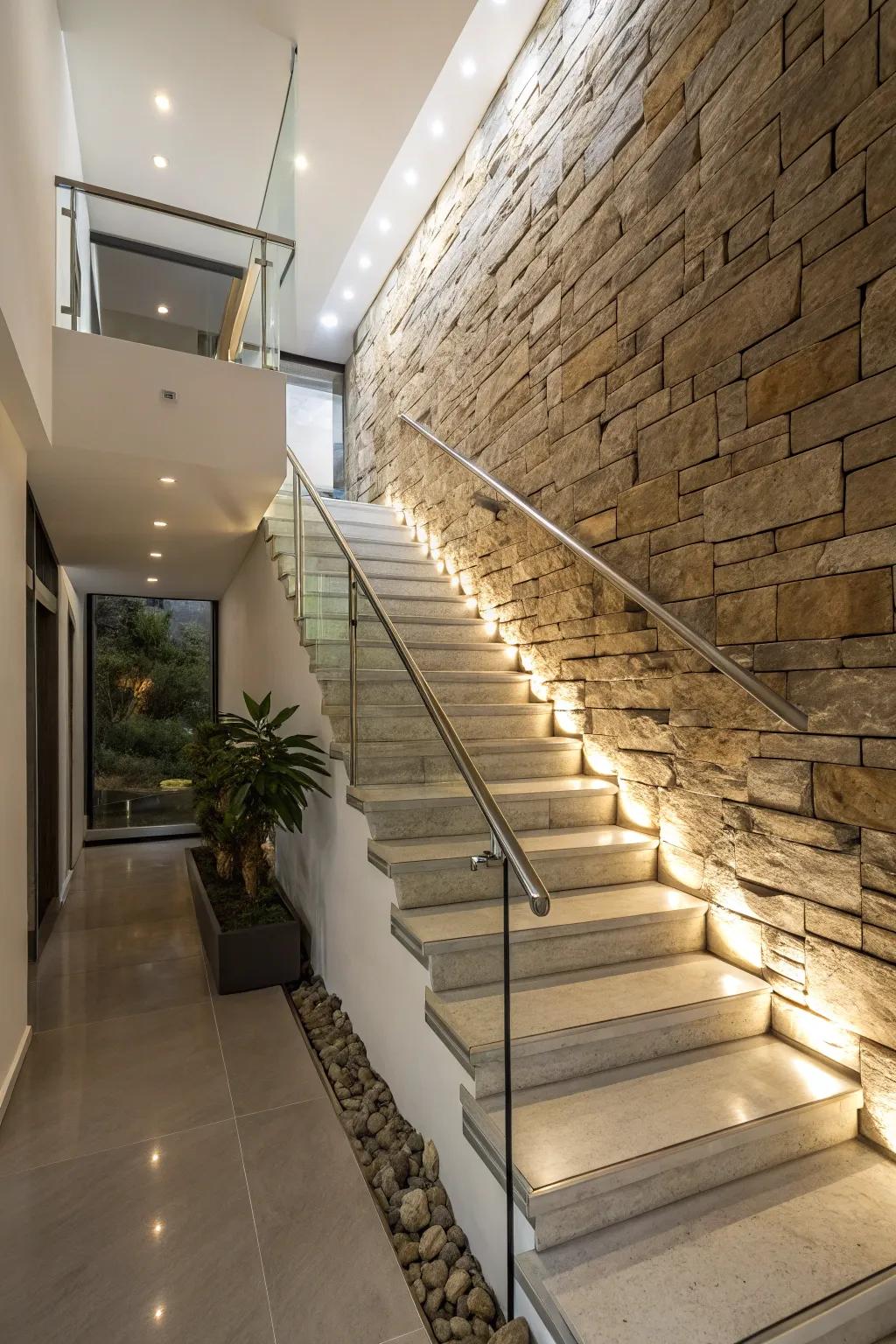 Stone cladding adds a rugged, natural texture to your staircase.