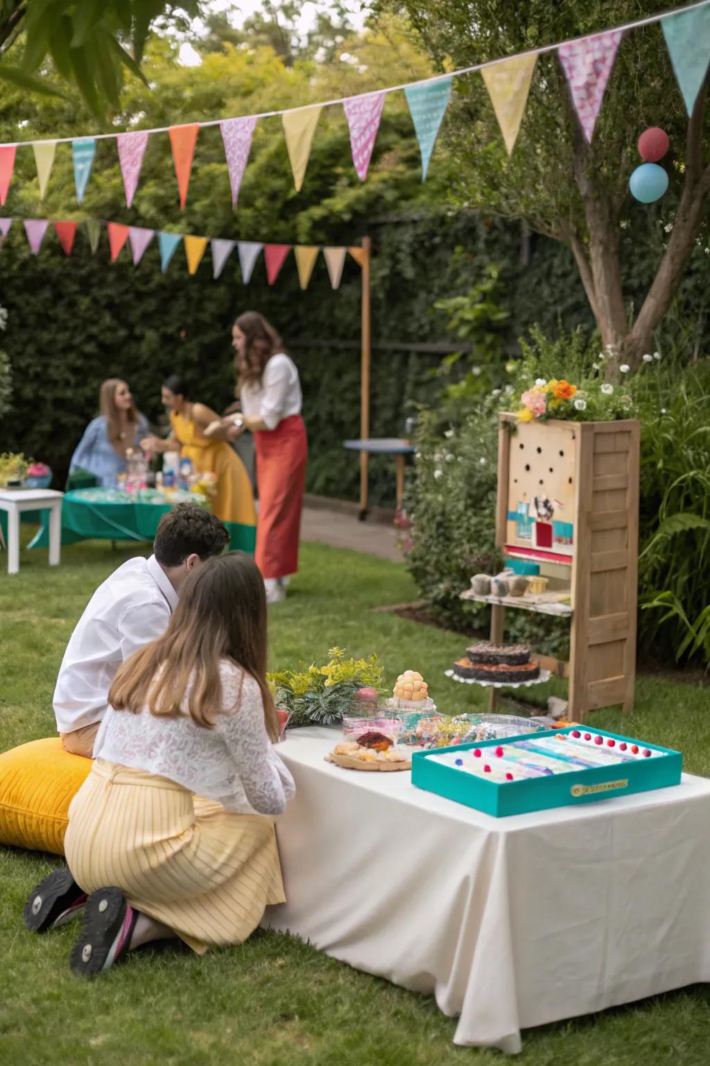 A garden party showing a hidden dessert table.