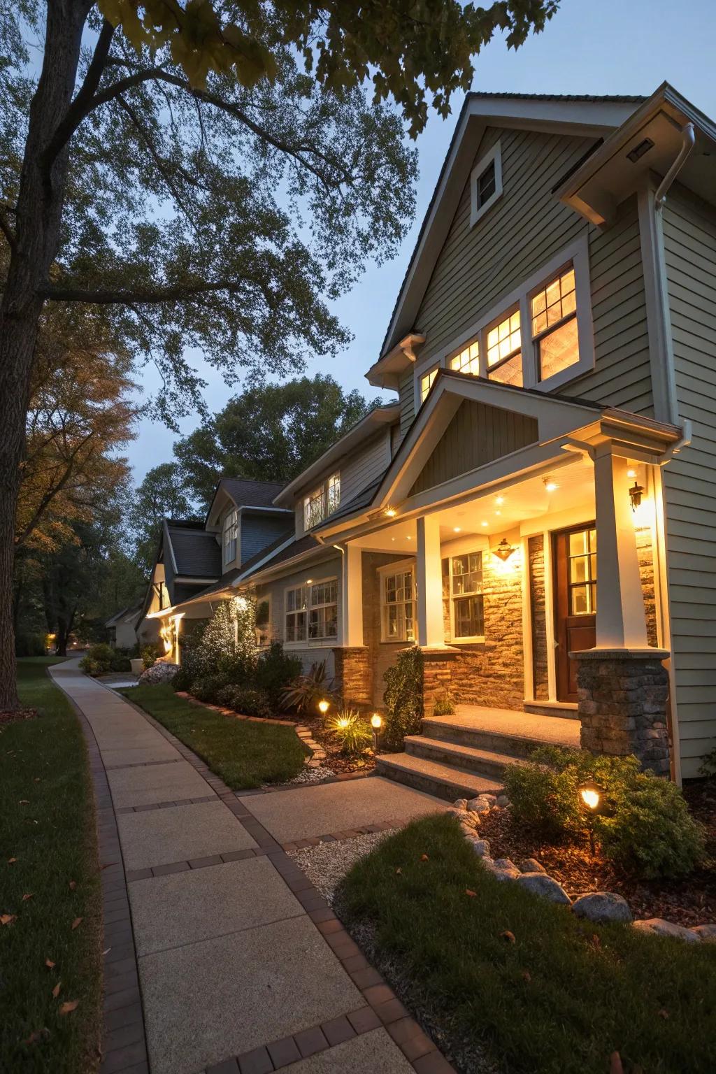 A mix of lighting styles creates a distinctive and personal home exterior.