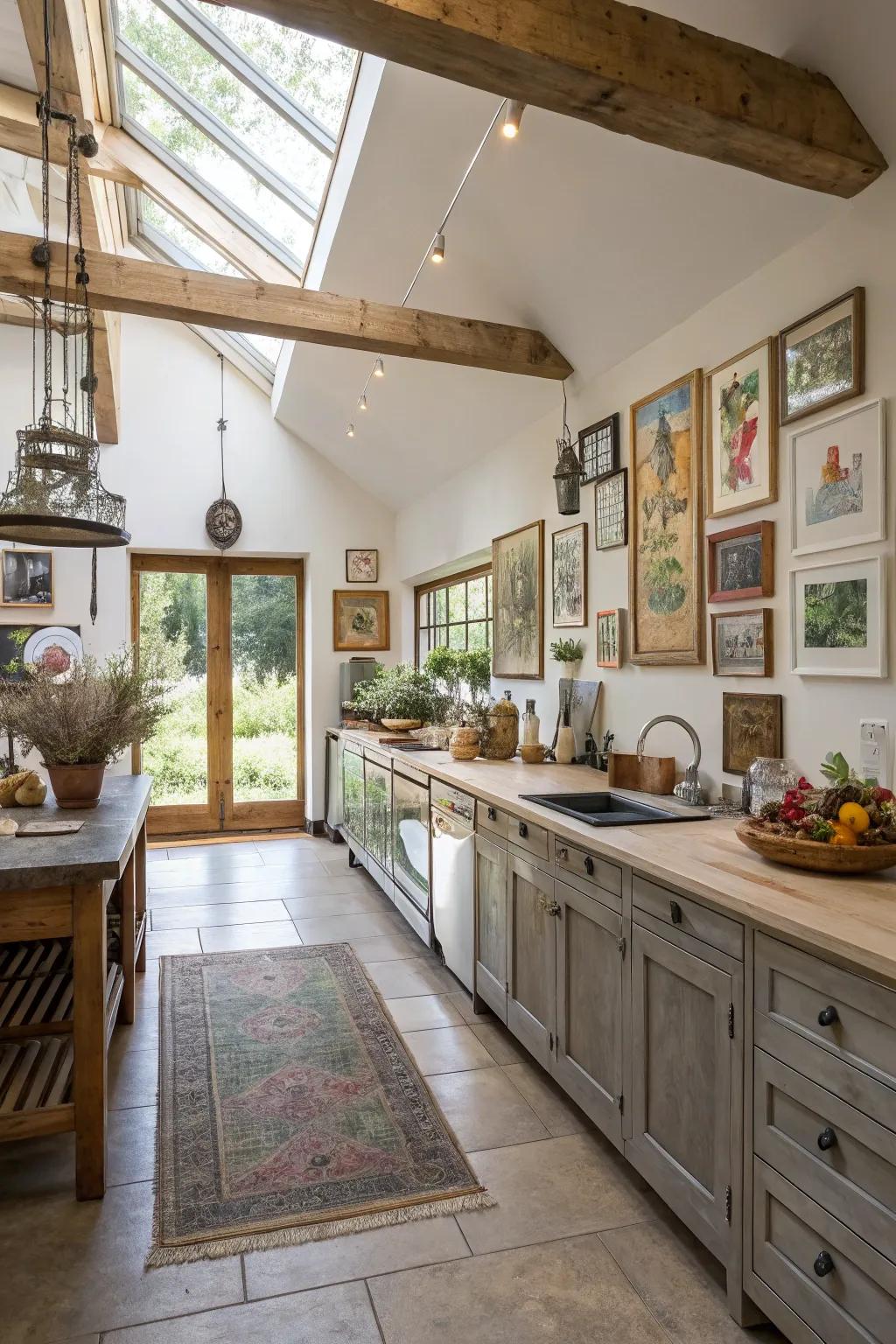 Gallery and ornamentation imbuing a personal essence into a broad galley kitchen.
