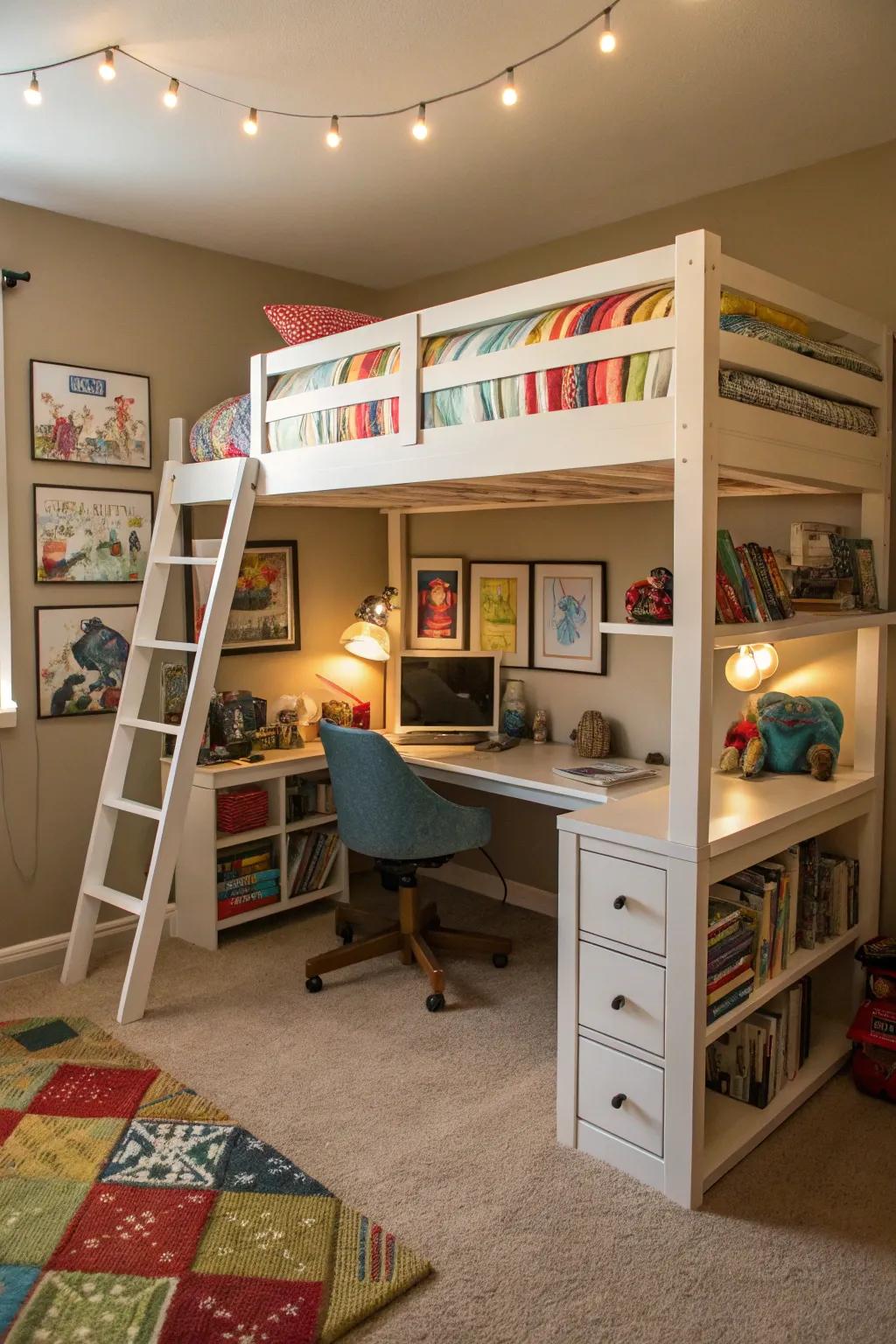 A loft bed efficiently uses space, providing room for both play and study.