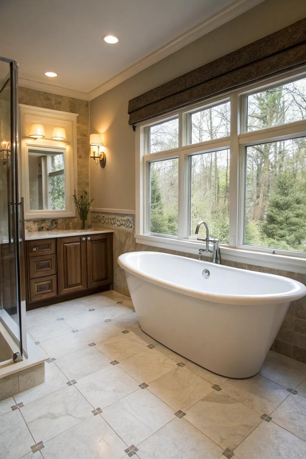 Standalone tub situated near a window for a spa-like feel.