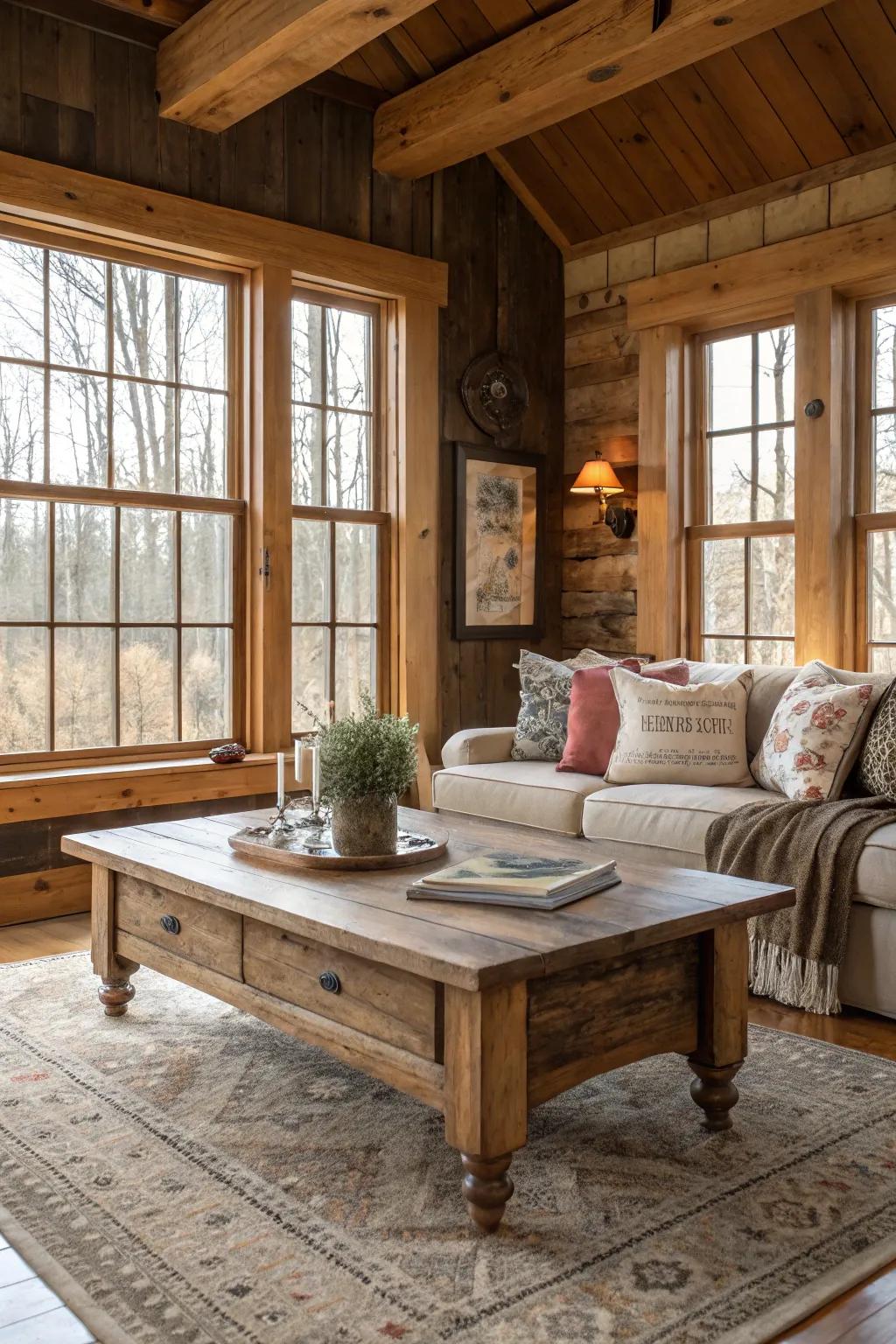 Unfinished wood trim adds warmth and rustic charm to any room.