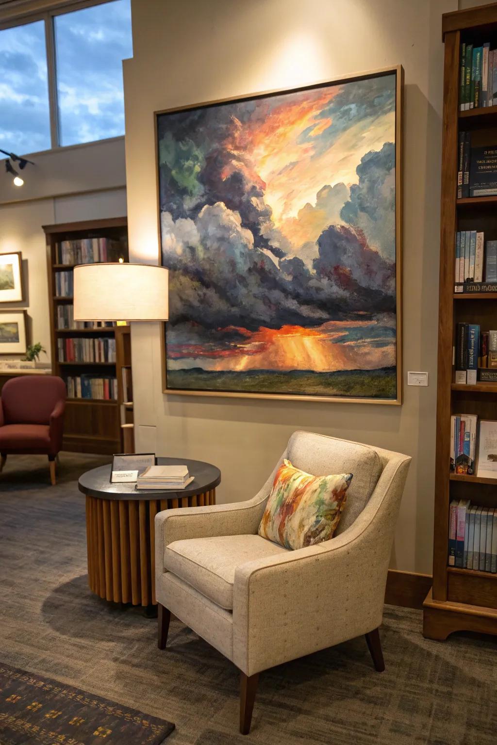 Abstract sky artwork, adding a dramatic touch to a snug nook