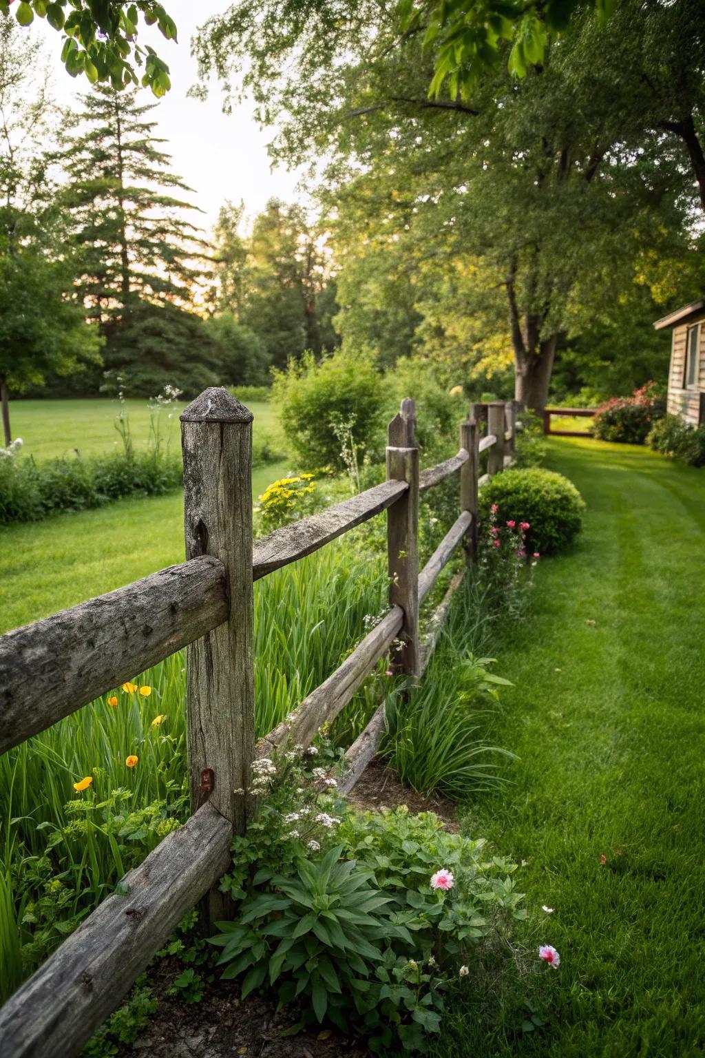 A rustic wooden post and rail fence adds countryside charm.