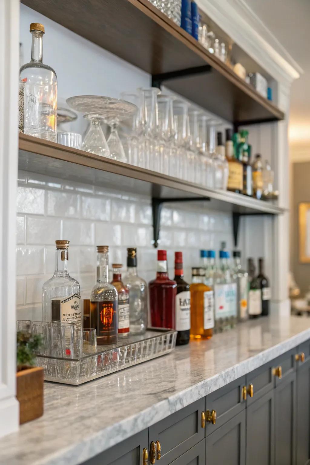 Open shelves display your glassware and spirits in an elegant way.