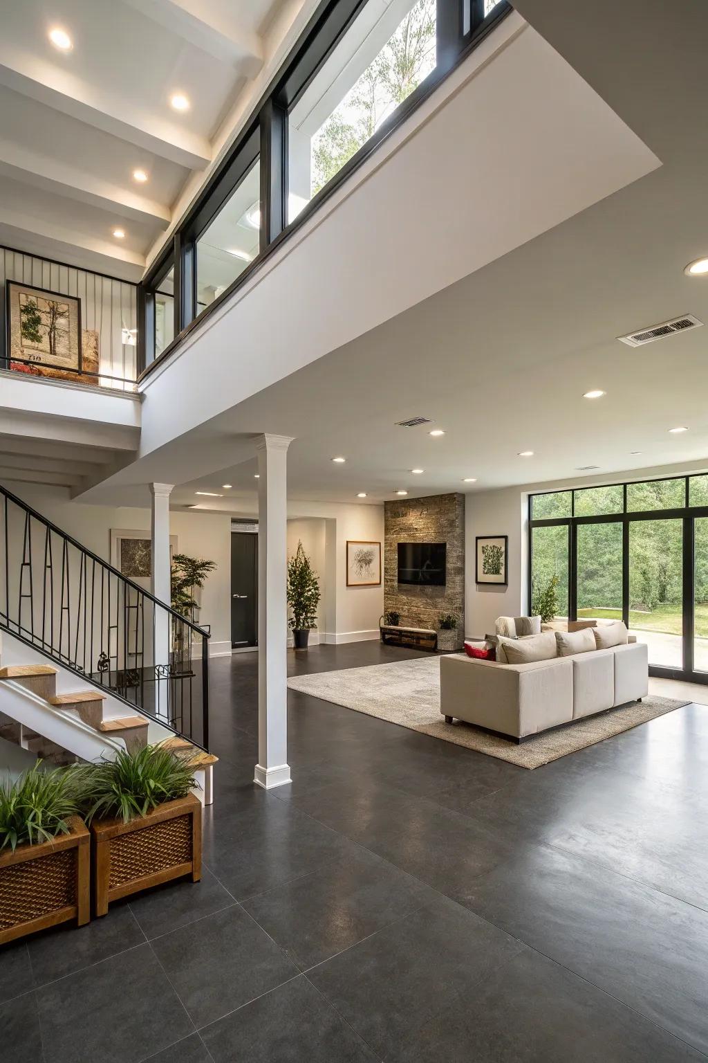 An open concept basement layout with a seamless flow.