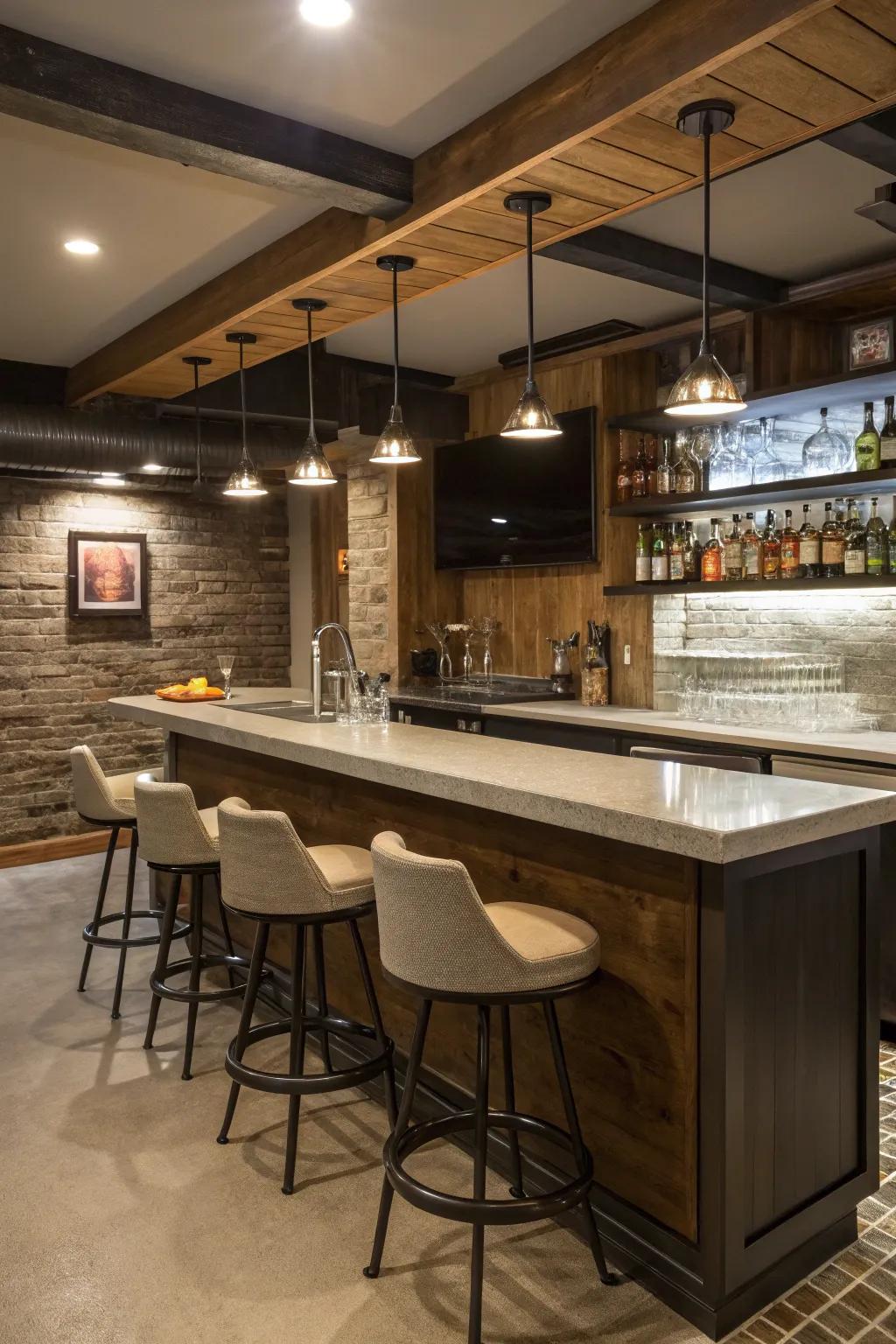 A chic wet bar in the basement with stylish countertops and ambient lighting.