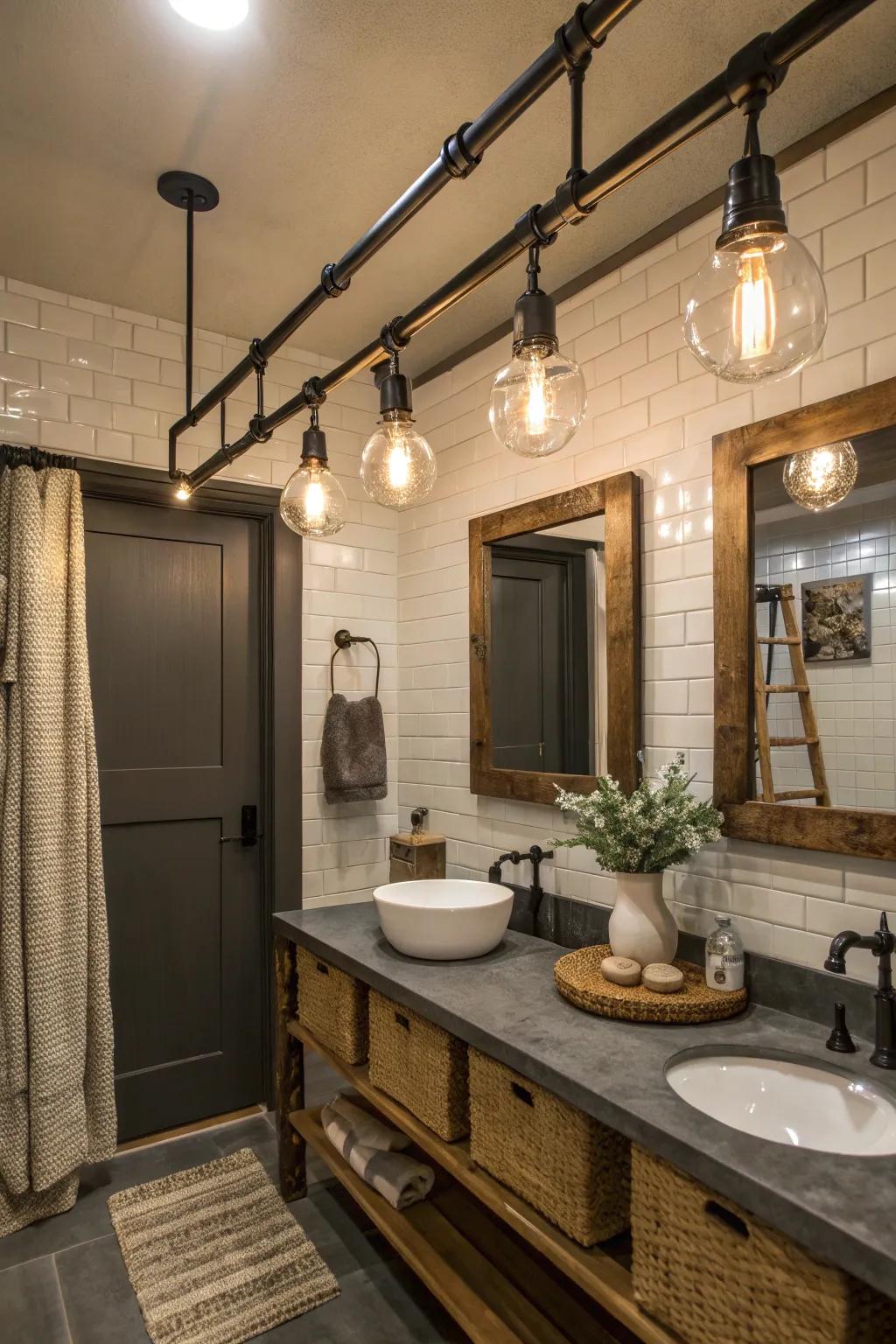 Metallic track lighting adds an edgy touch to your bathroom.