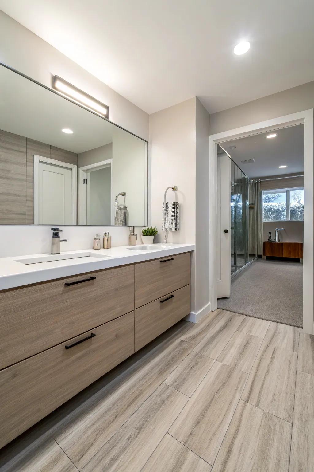 Minimalist vinyl flooring creates a clean and modern bathroom look.