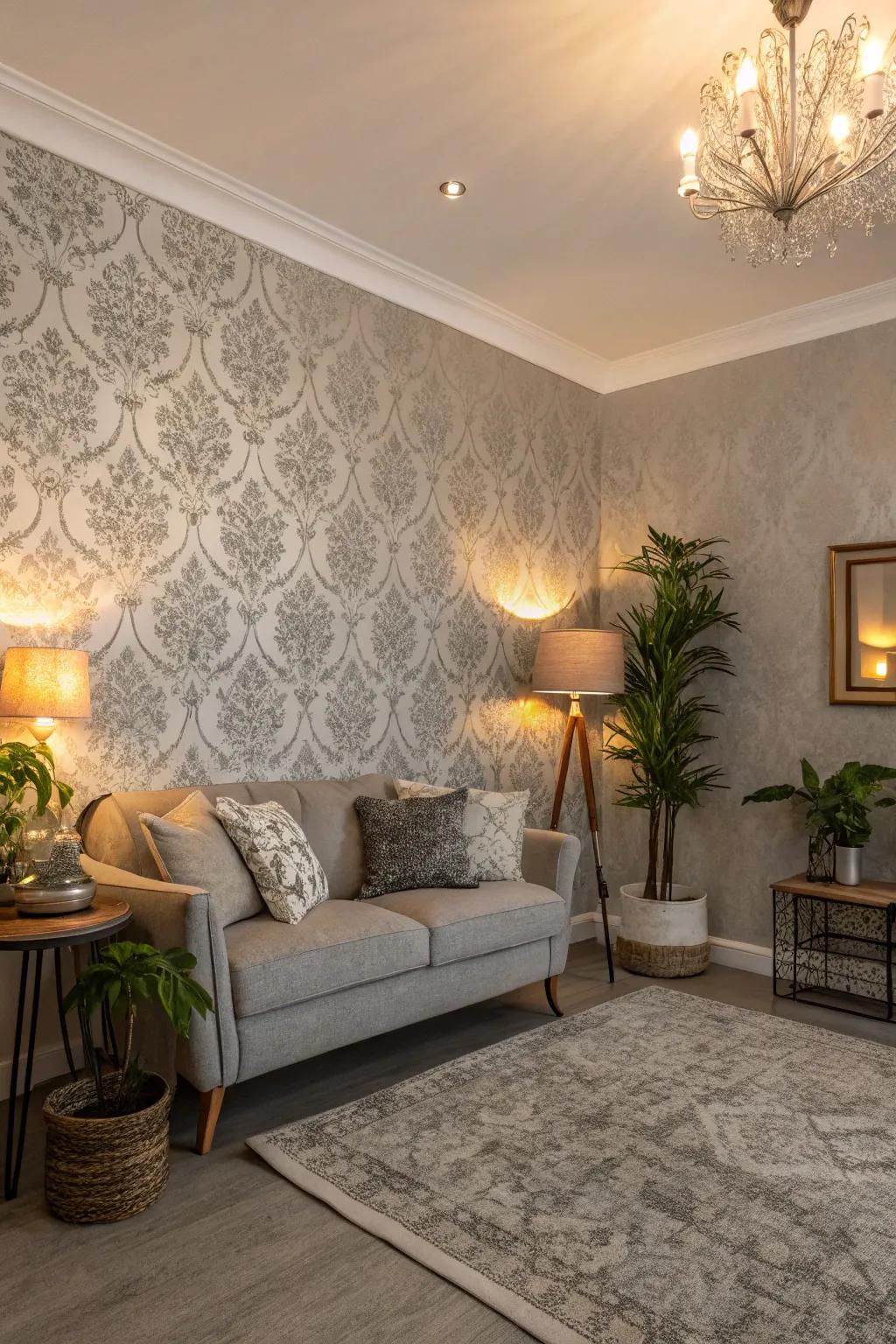 A room with textured grey wallpaper that adds depth and warmth.