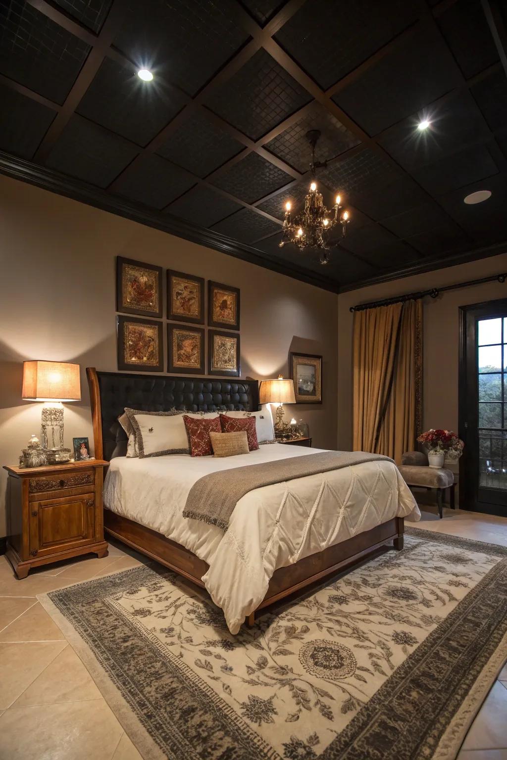 A sophisticated bedroom where a black ceiling adds richness and coziness.