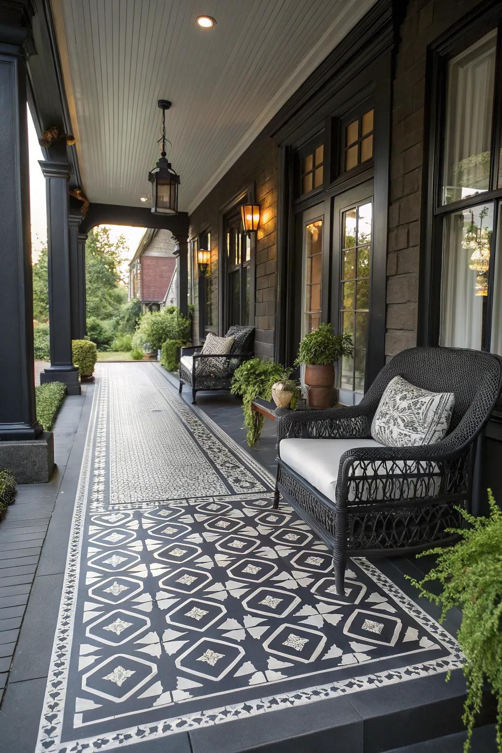 A black porch boasting elegant geometric patterned tiles.