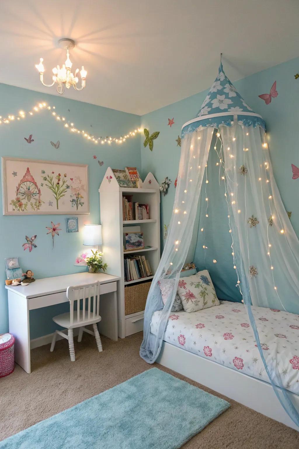 Whimsical themes add a magical touch to a blue bedroom.