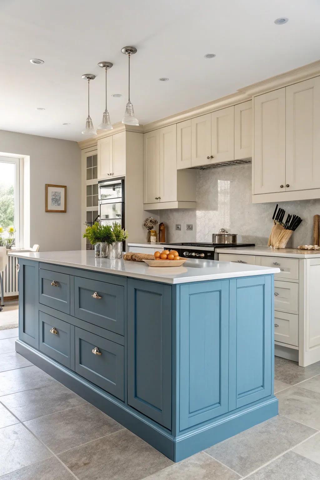 A striking blue island commands attention in this cooking space.