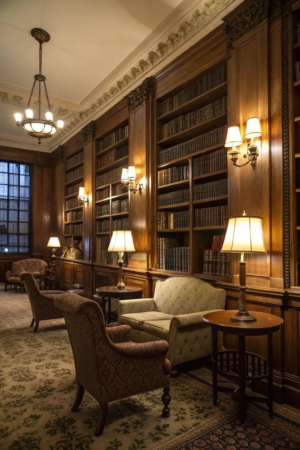 Soft lighting enhances the cozy atmosphere of this reading space.