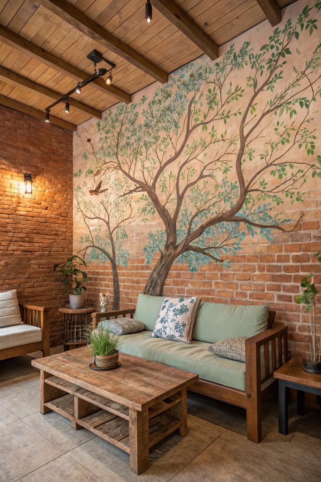 A nature-inspired mural brings peace to a countryside brick wall.