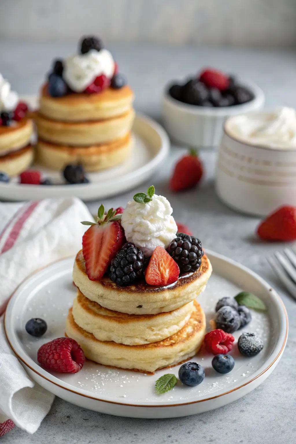 Sweet petite pancake stacks with berries and cream.