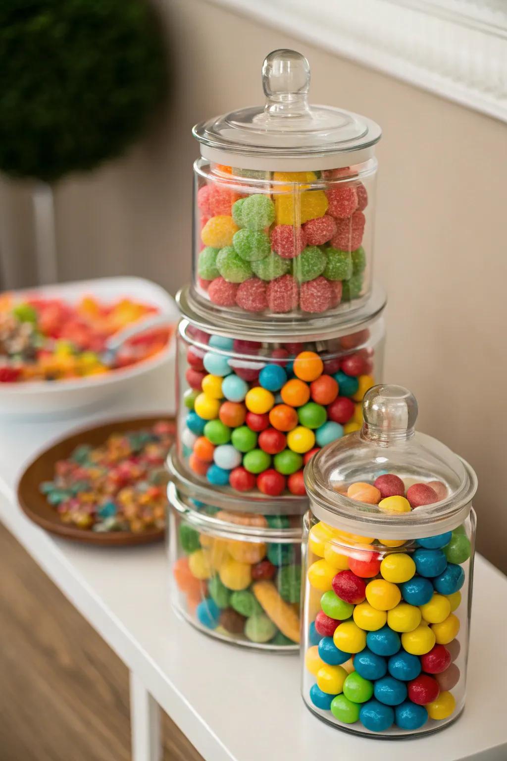 A tower of candy jars offers both delightful treats and decorations.