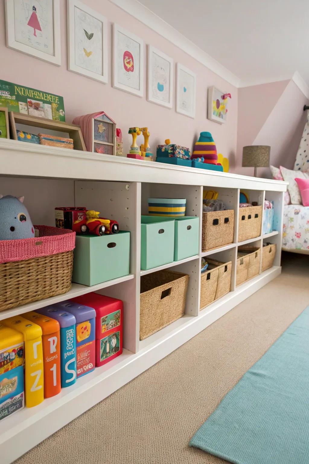 Shelves under the bed provide hidden storage solutions.