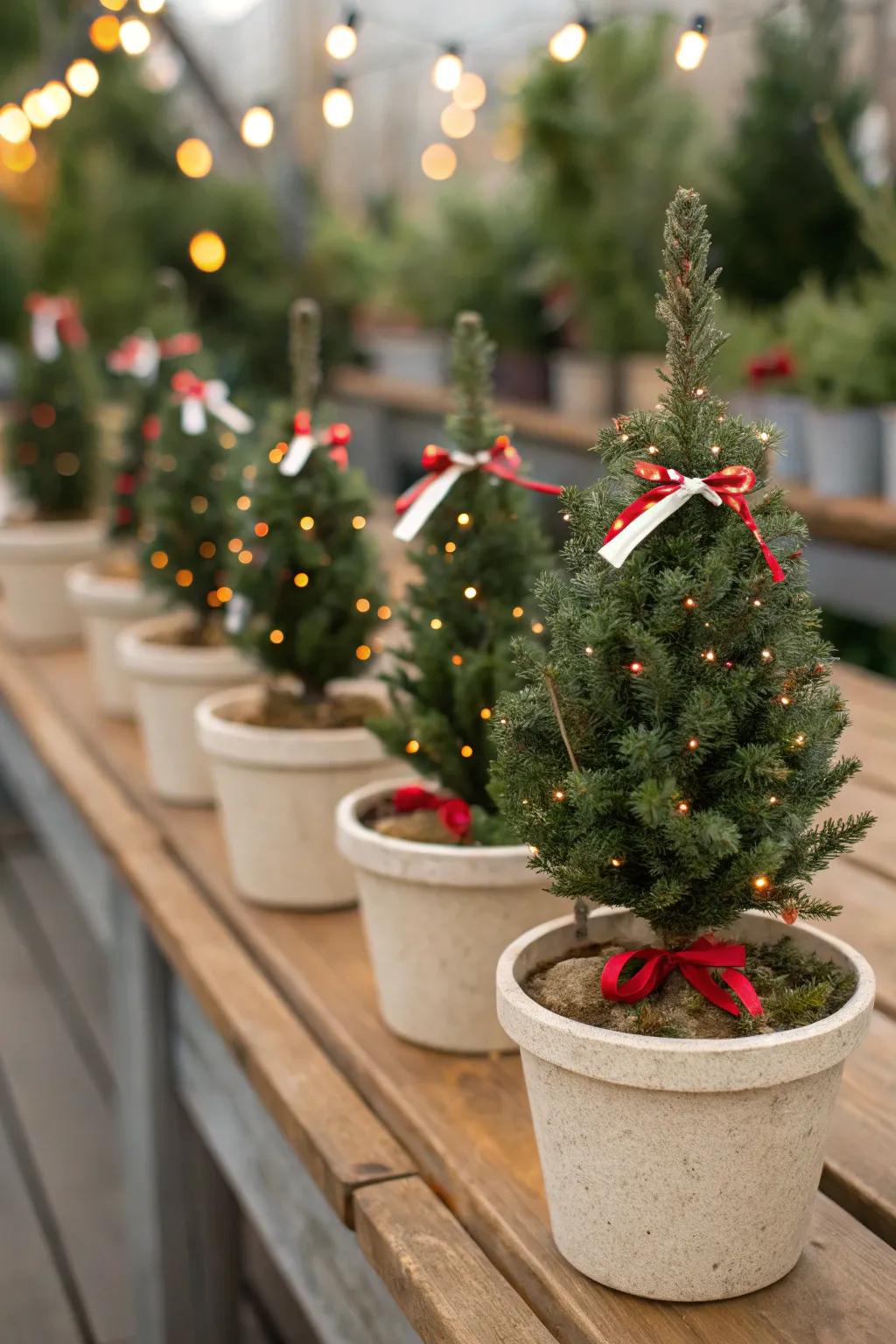 Little Christmas trees set for trimming