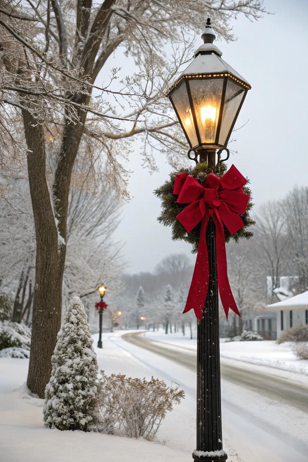 A classic red bow brings festive elegance to a lamp post.