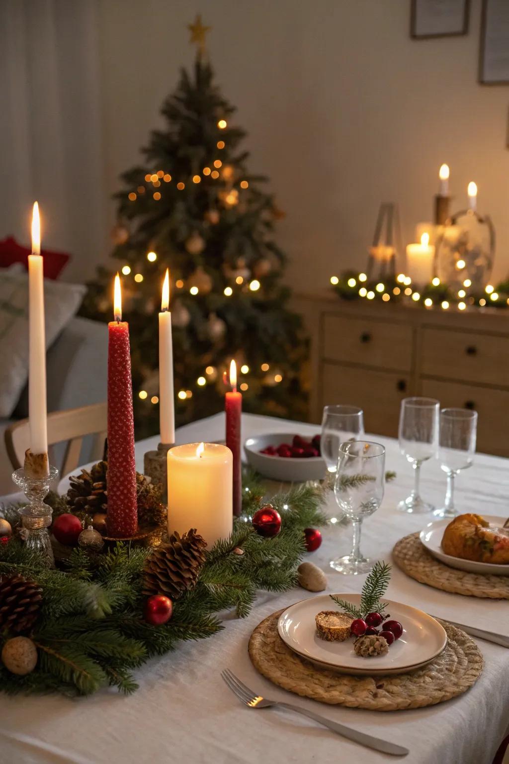 Candles of various heights contribute warmth and charm to holiday gatherings.