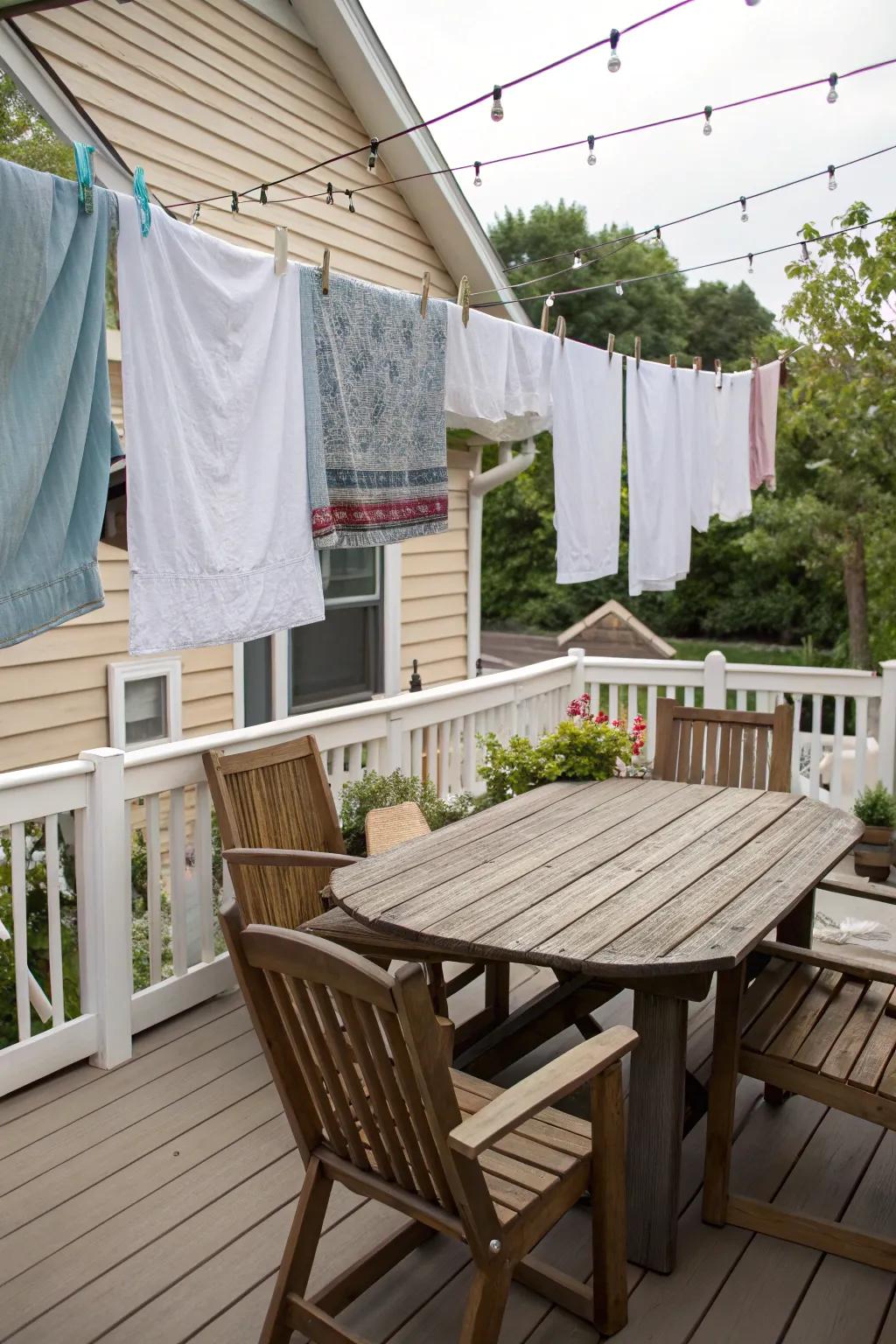 A clever and understated clothesline solution perfectly suited for deck spaces.