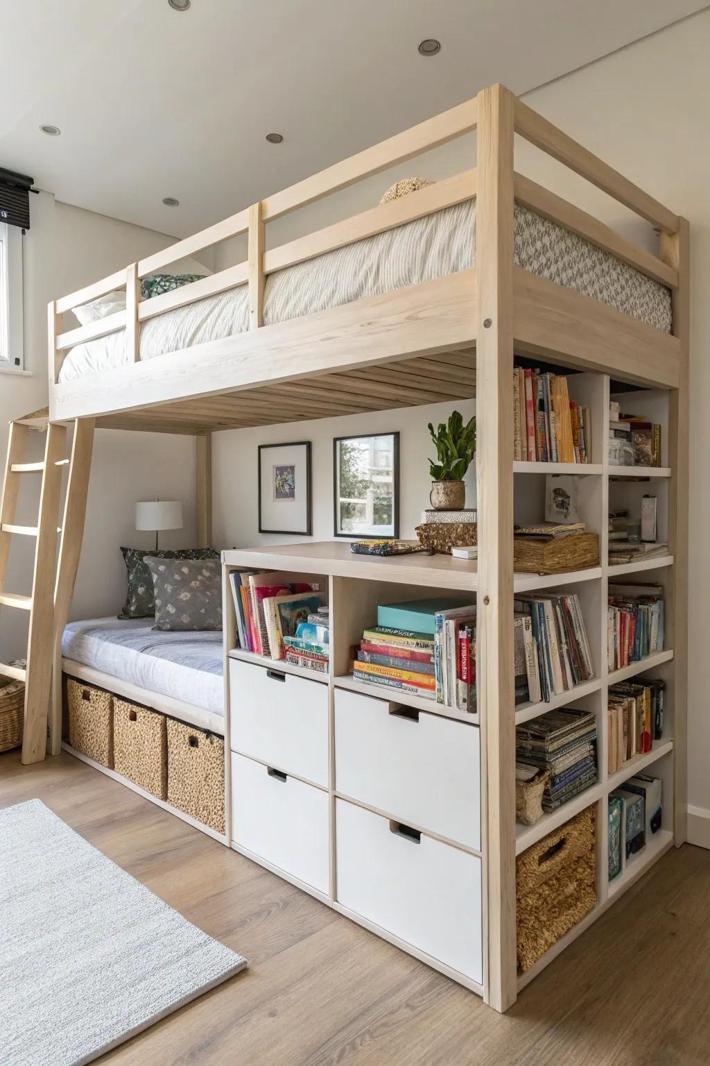 Maximize space with smart storage solutions under your loft bed.