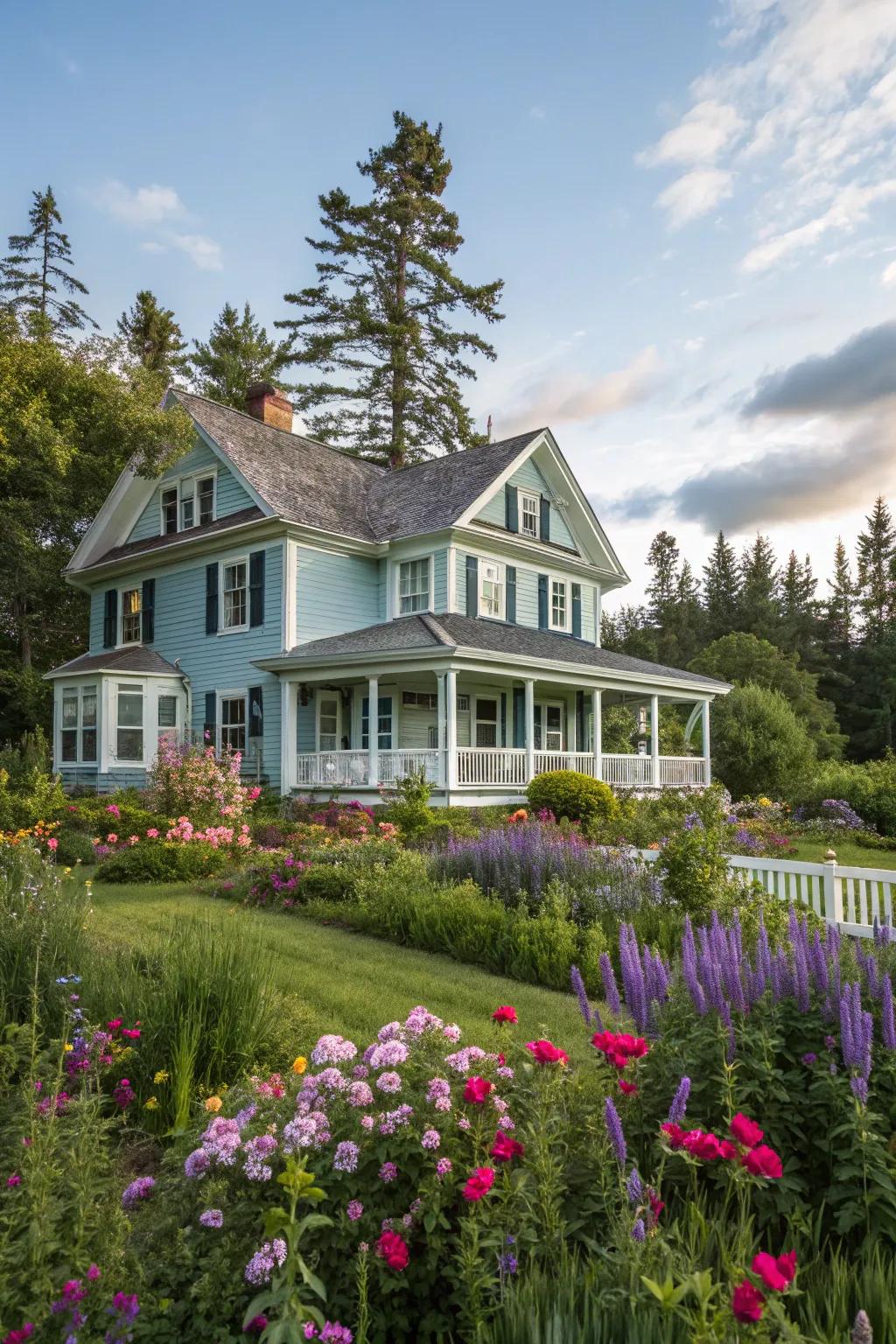 A stately colonial residence with a muted cerulean frontage, hugged by a flourishing garden.