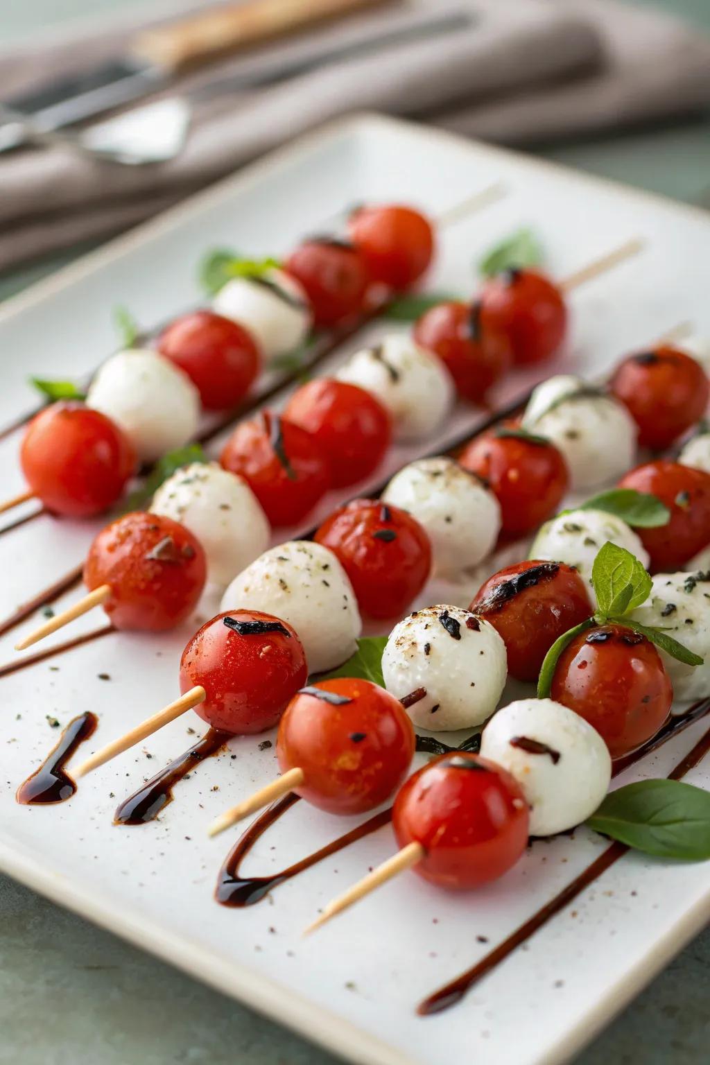 Vibrant ruby orbs and fresh cheese bites, a perfect match for a ruby-themed party.