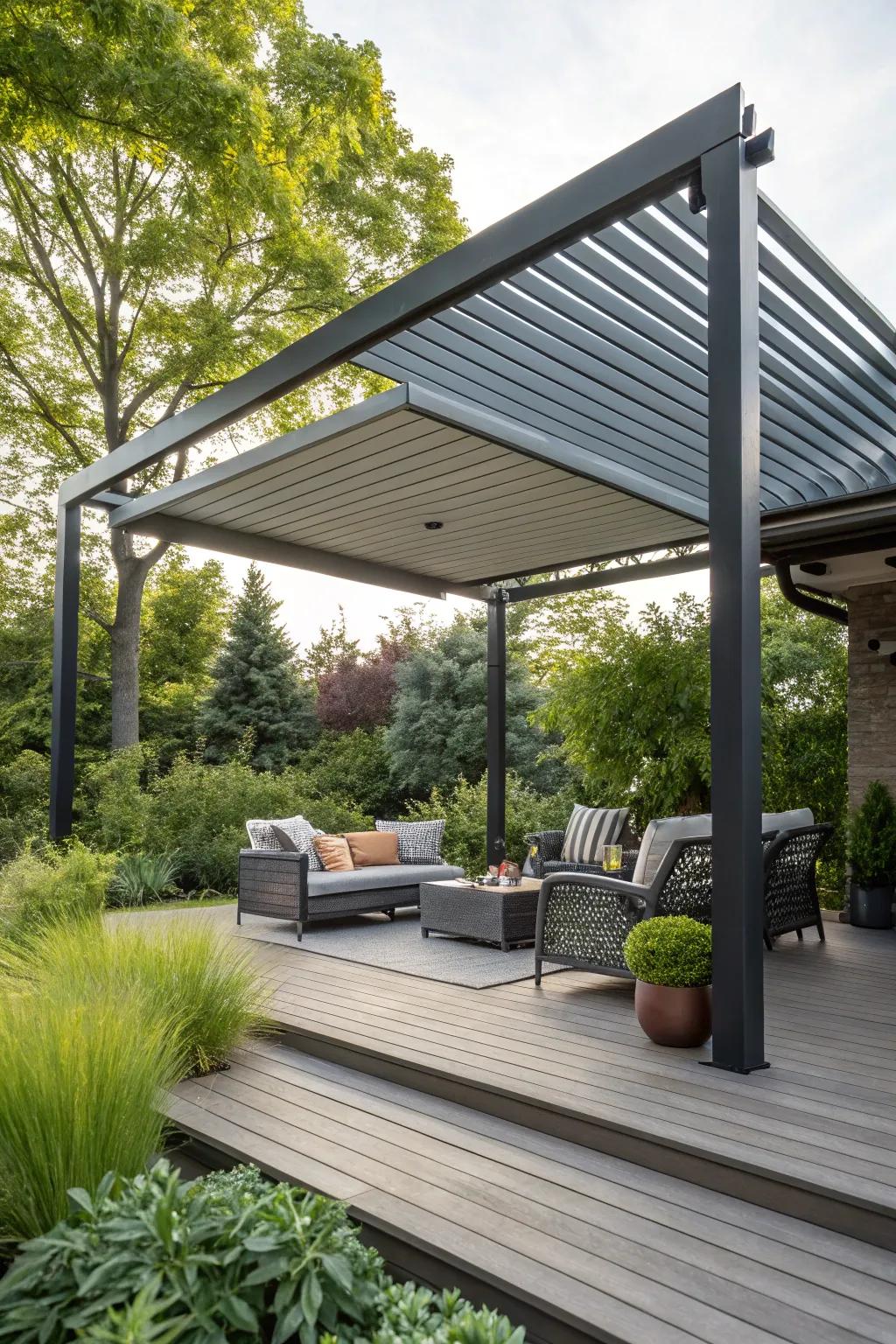 Louvered roofs provide adjustable shade and a unique architectural element.