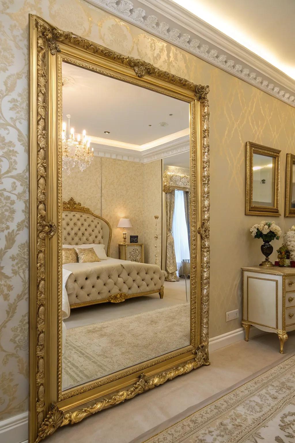 Mirrors with gold frames add dimension and elegance to the space.