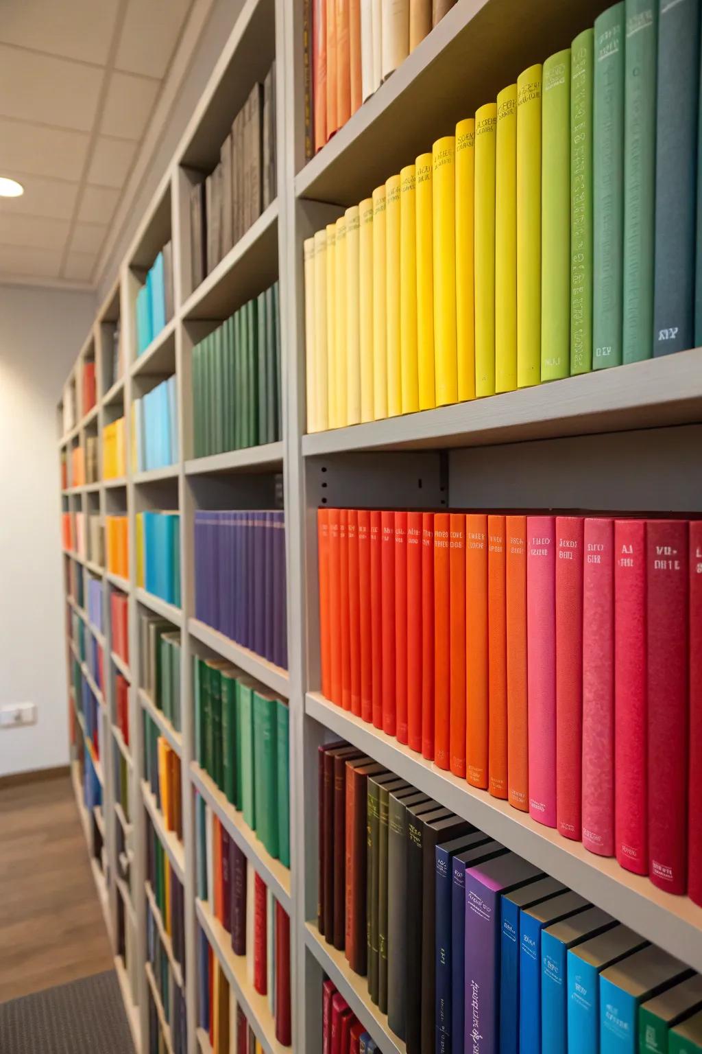 Turn your bookcase into a burst of color with books arranged like a vibrant rainbow.