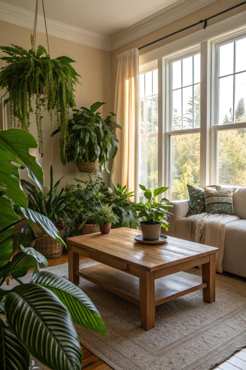 Natural elements like plants and wood enrich your living room.