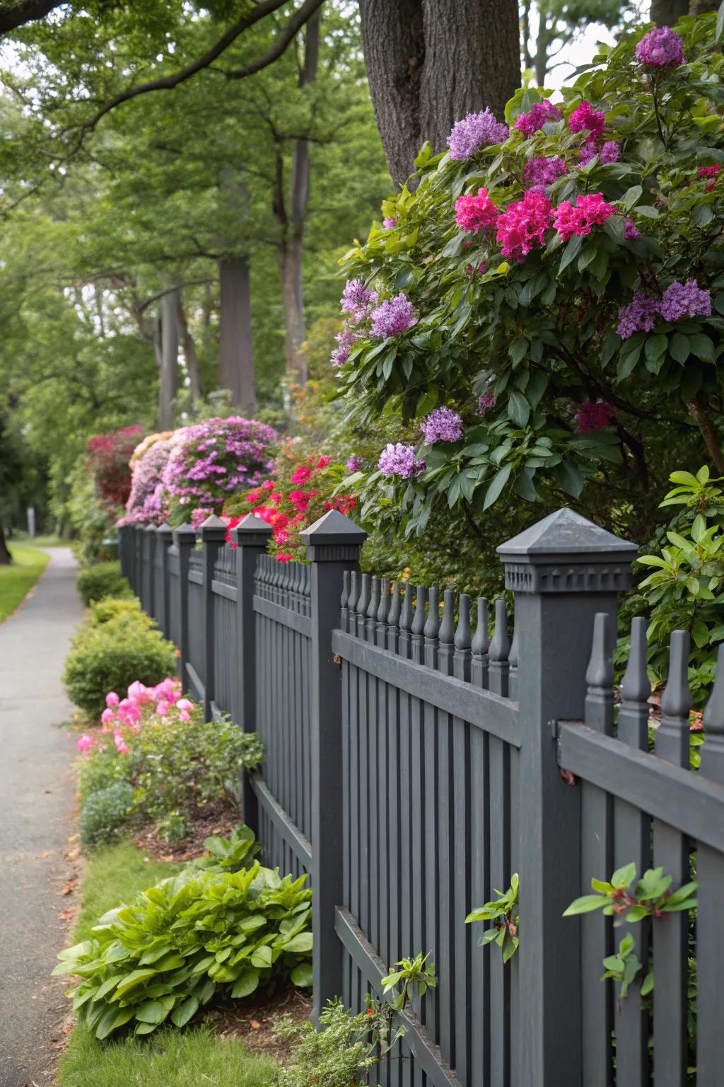 Vibrant flowers and lush foliage stand out against a dark grey fence.