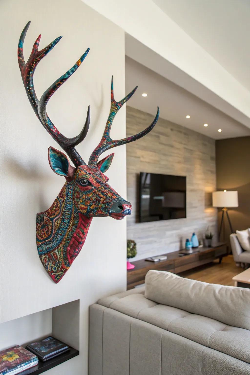 Vibrantly patterned hydro dipped deer antlers make a striking statement in a modern living room.