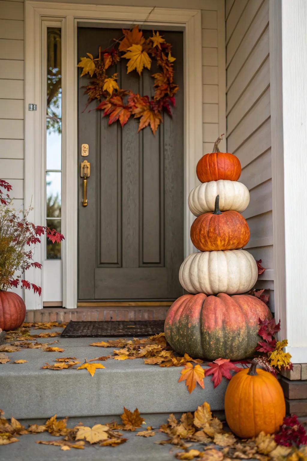 Pumpkin topiaries add festive charm to the front door.