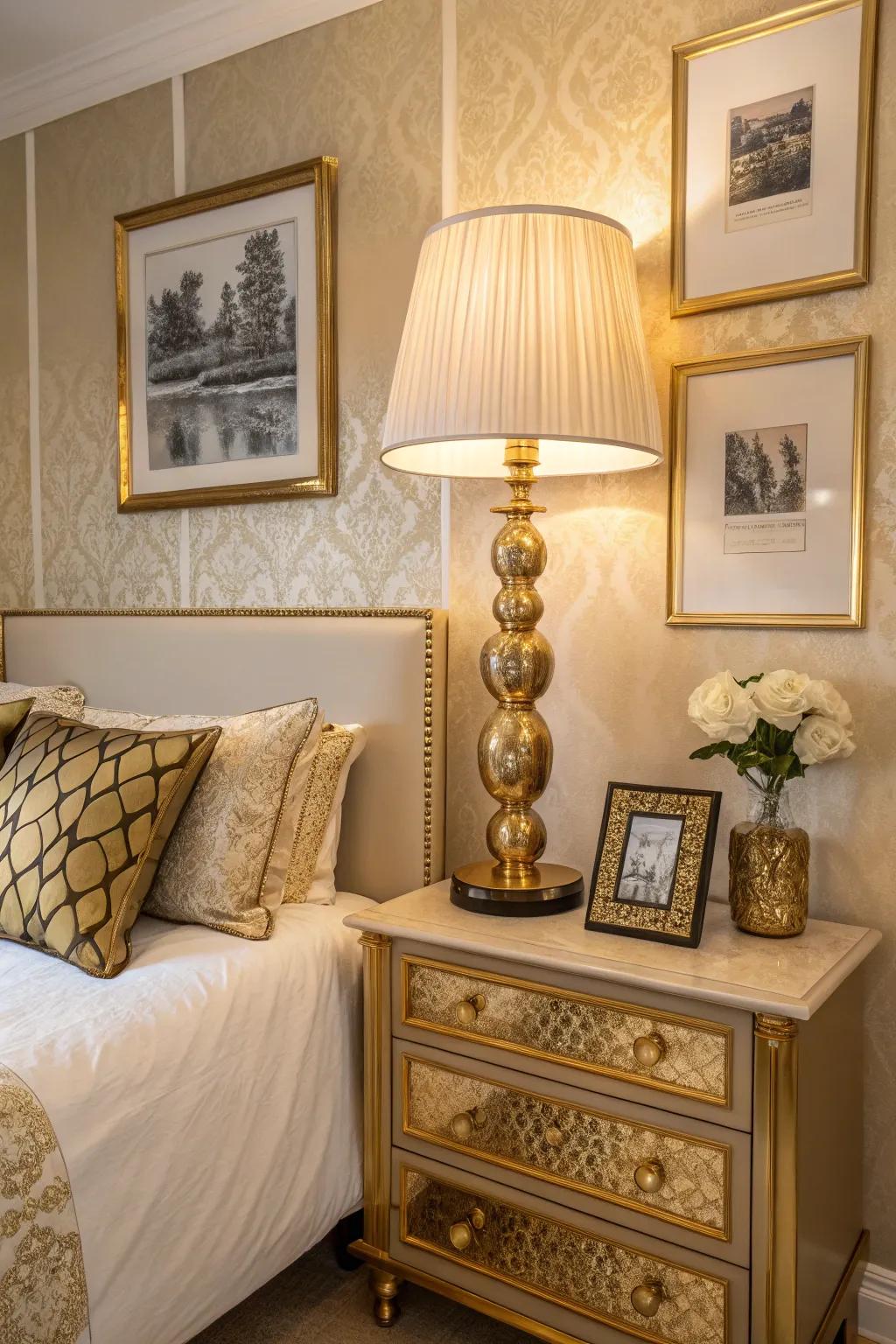 Gold accents add a luxurious touch to this dramatic bedroom setting.