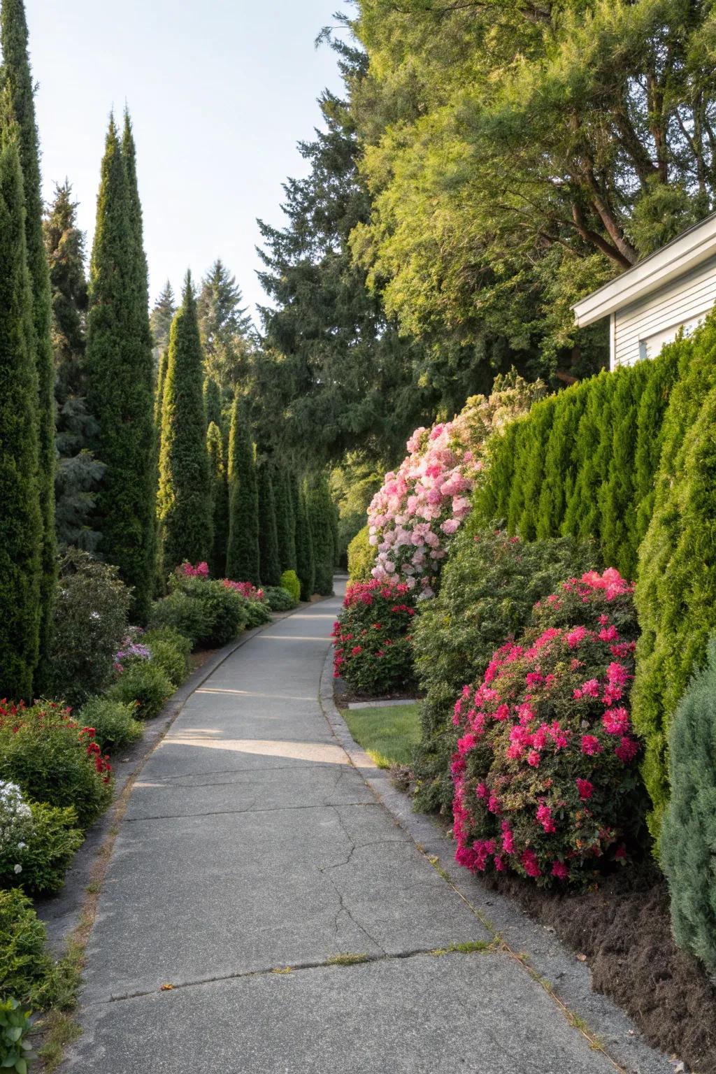 A diverse mix of hedges adding texture and color to a driveway.