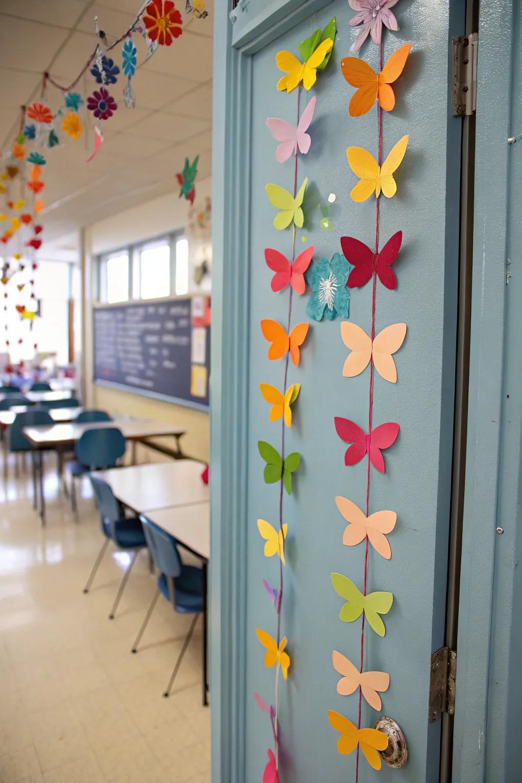 A classroom door filled with a flutter of vibrant butterflies, celebrating the start of spring.